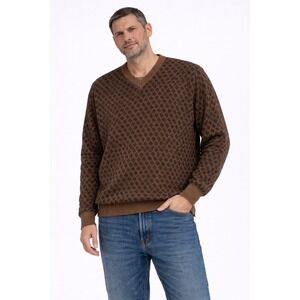 Segreto V-Neck Sweater Mens L Brown Geometric Merino Wool Italian Grandpacore